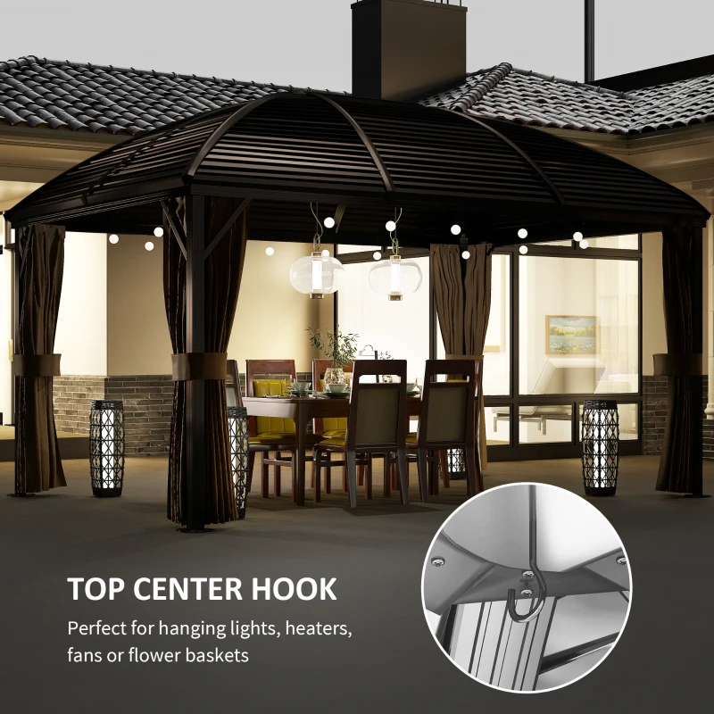 Outsunny 10' x 13' Hardtop Gazebo Aluminum Outdoor Canopy with Mesh Nettings, Curtains, Brown