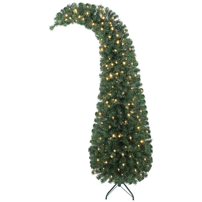 HOMCOM 6 ft Prelit Bent Top Christmas Tree, Whimsical Xmas Tree Slim High Mountain Fir with 200 LEDs and Metal Stand, Green
