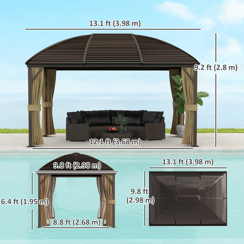 Outsunny 10' x 13' Hardtop Gazebo Aluminum Outdoor Canopy with Mesh Nettings, Curtains, Brown
