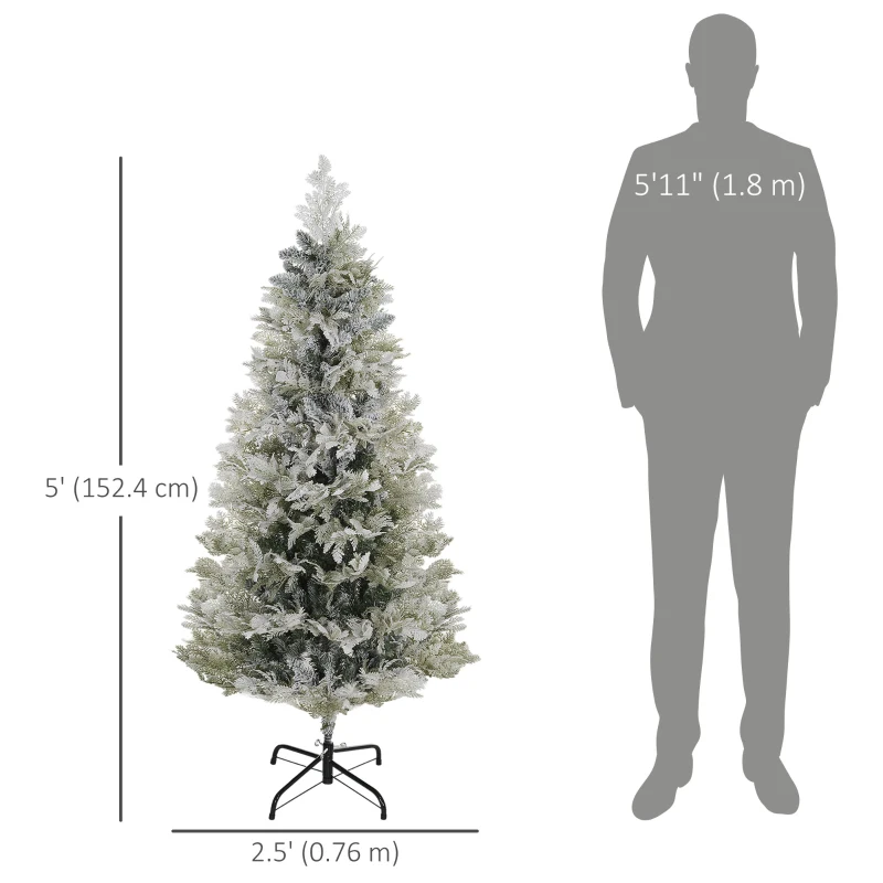 HOMCOM 5 Feet Pencil Snow Flocked Artificial Christmas Tree with 517 Realistic Cypress Branches, Auto Open, Green
