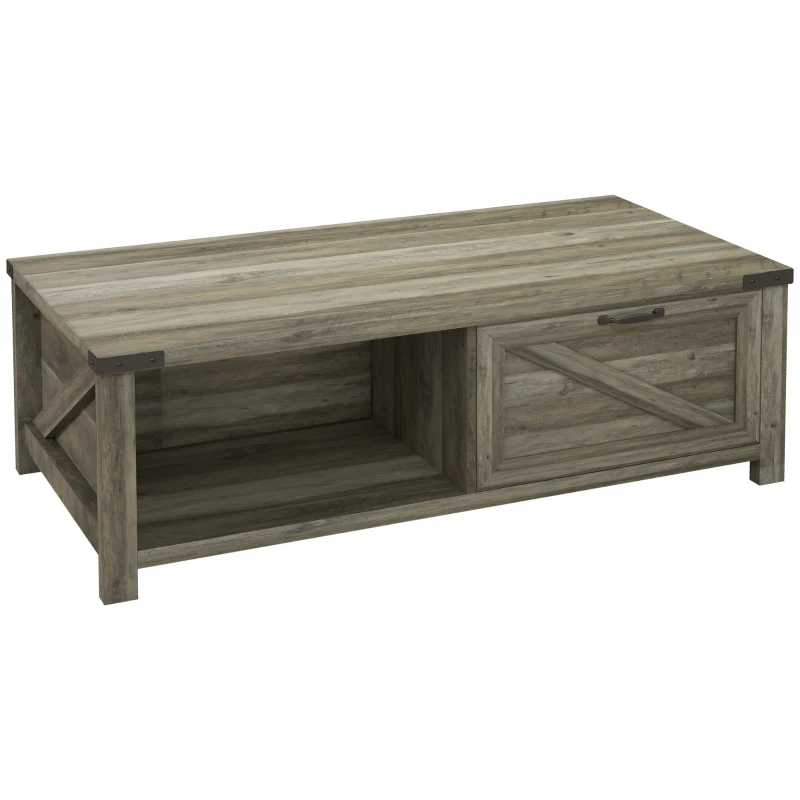 HOMCOM Farmhouse Coffee Table with Drawer and Storage Shelf, Rustic Center Table for Living Room, Meeting Room, Grey