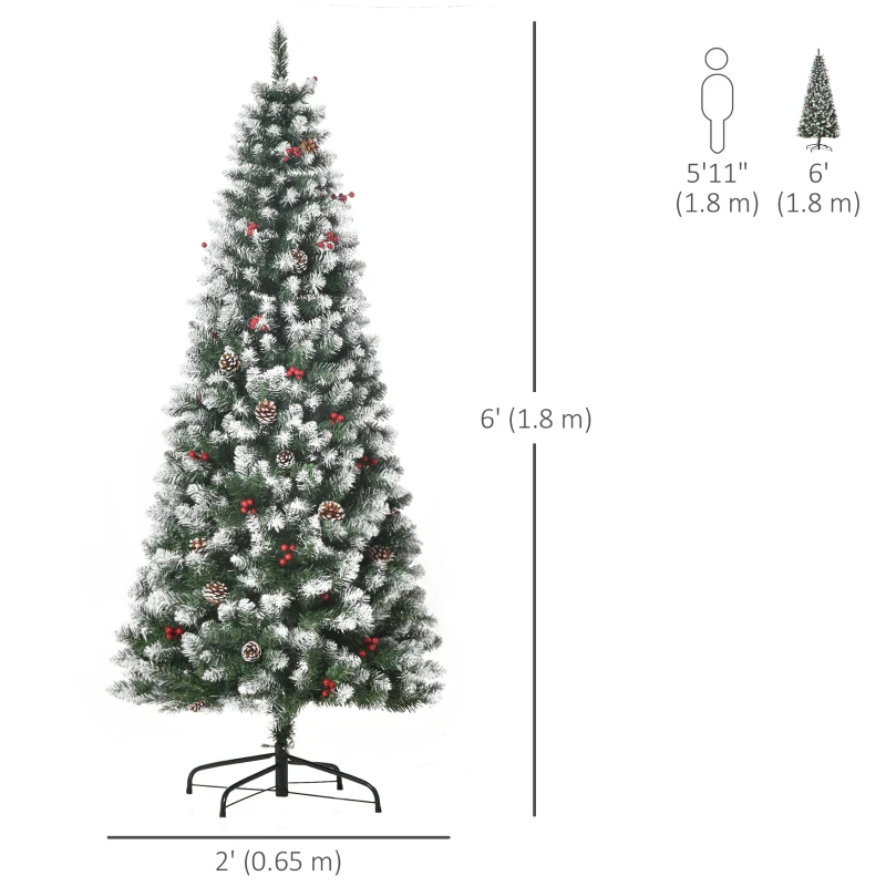 HOMCOM 6ft Decorated Christmas Tree with Red Berries and Pine Cones, Flocked Christmas Tree with Pencil Shape, Green