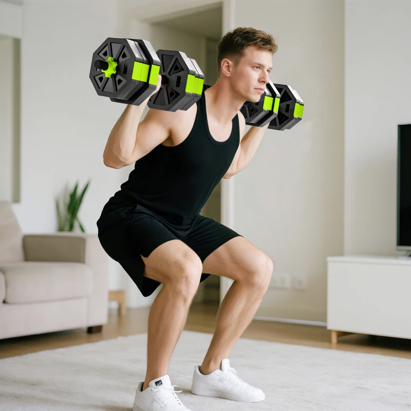 Soozier 4-in-1 Adjustable Dumbbell Set, Used as Kettlebell, Barbell, Dumbbell, Push-Up Stand, 44lbs Free Weights Set, Green