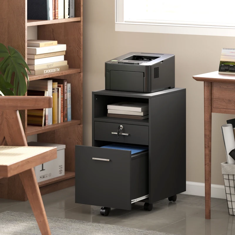 Vinsetto Small Filing Cabinet with 2 Drawers, Lockable Home Office Storage Cabinets on Wheels for A4, Letter Size, Black