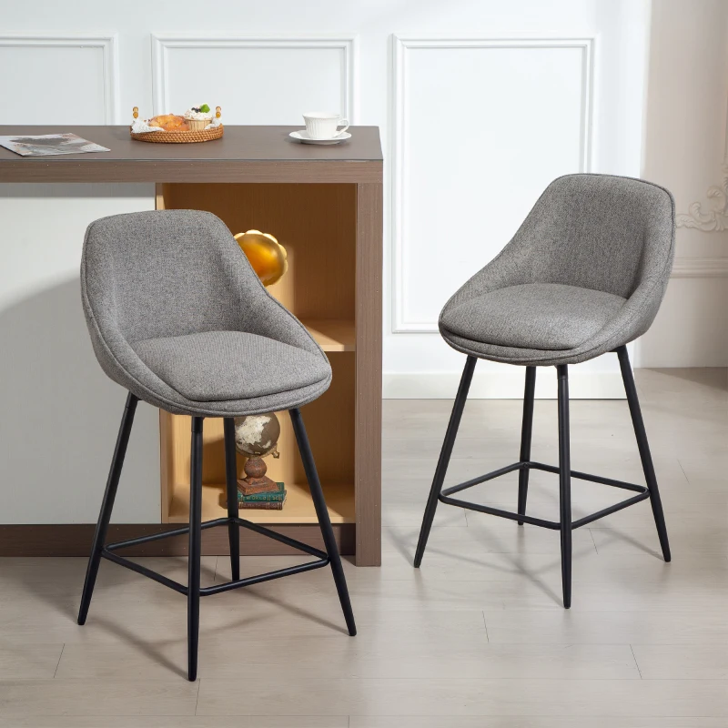 HOMCOM 26" Counter Height Barstools Set of 2, Upholstered Swivel Bar Stools with Backrests and Armrests, Dark Grey