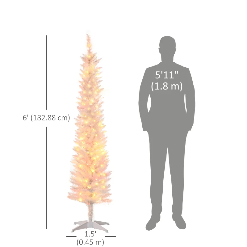 HOMCOM 6' Prelit Christmas Trees, Pencil Artificial Christmas Tree with Colourful Surface Tips, Colourful LED Lights, White