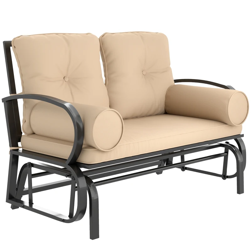 Outsunny Swing Glider Rocking Chair, Double Patio Bench, 2 Person Loveseat with Steel Frame, Cushions, Pillow Armrests, Khaki