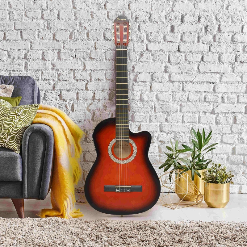 Soozier 39" Classical Acoustic Cutaway Guitar with Nylon/Steel Strings & Included Stand, Beige Strap, 3 Picks, & Pitch Pipe