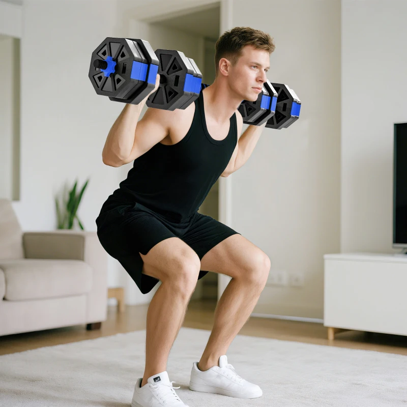Soozier 4-in-1 Adjustable Dumbbell Set, Used as Kettlebell, Barbell, Dumbbell, Push-Up Stand, 44lbs Free Weights Set, Blue
