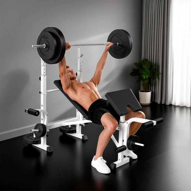 Soozier Bench Press Set Adjustable Weight Bench with Squat Rack, Preacher Curl Pad, Leg Developer and Weight Storage, White