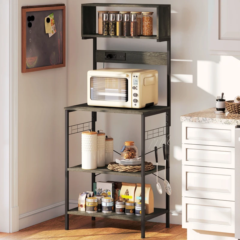 HOMCOM Baker's Rack with Charing Station, Microwave Shelf with Power Outlet, USB Charger and 5 Hooks, Distressed Grey