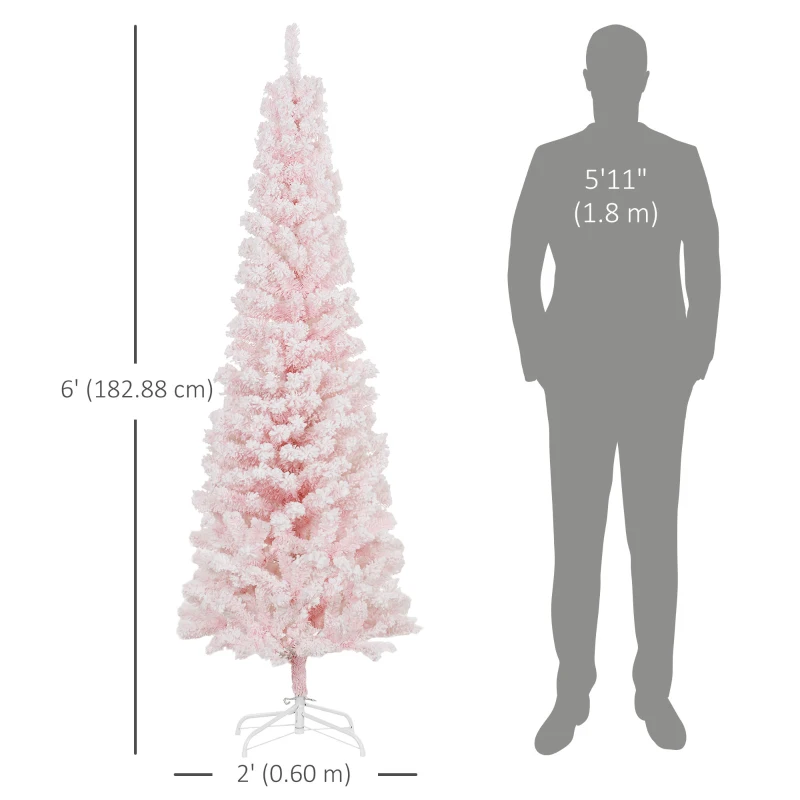 HOMCOM 6ft Flocked Christmas Tree, Pencil Christmas Tree with Realistic Branch Tips, Folding Metal Stand, Pink