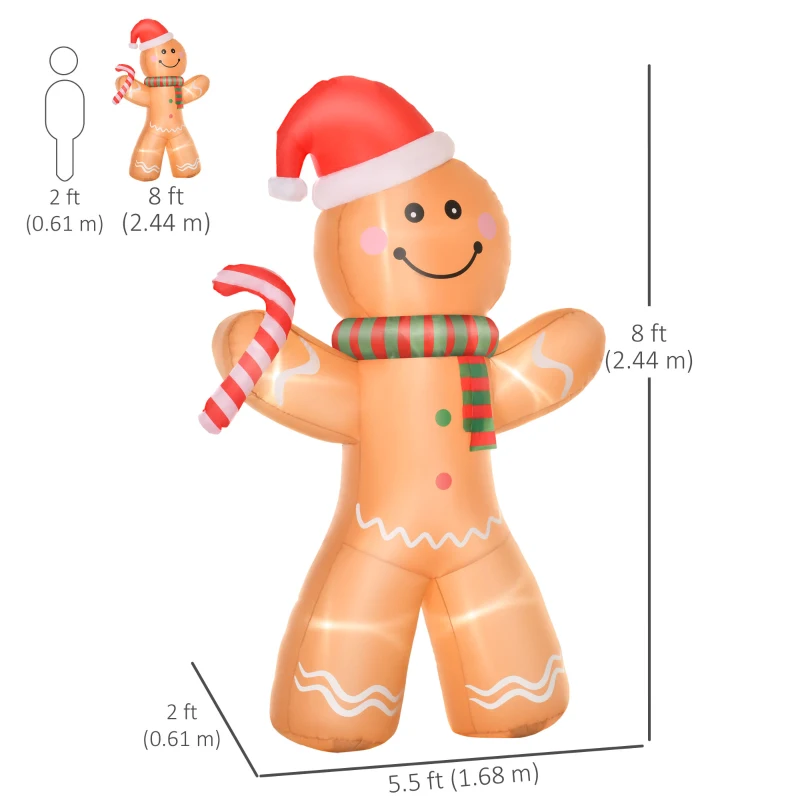 HOMCOM 8ft Christmas Inflatable Gingerbread Man with a Candy Cane, Outdoor Blow-Up Yard Decoration with LED Lights Display