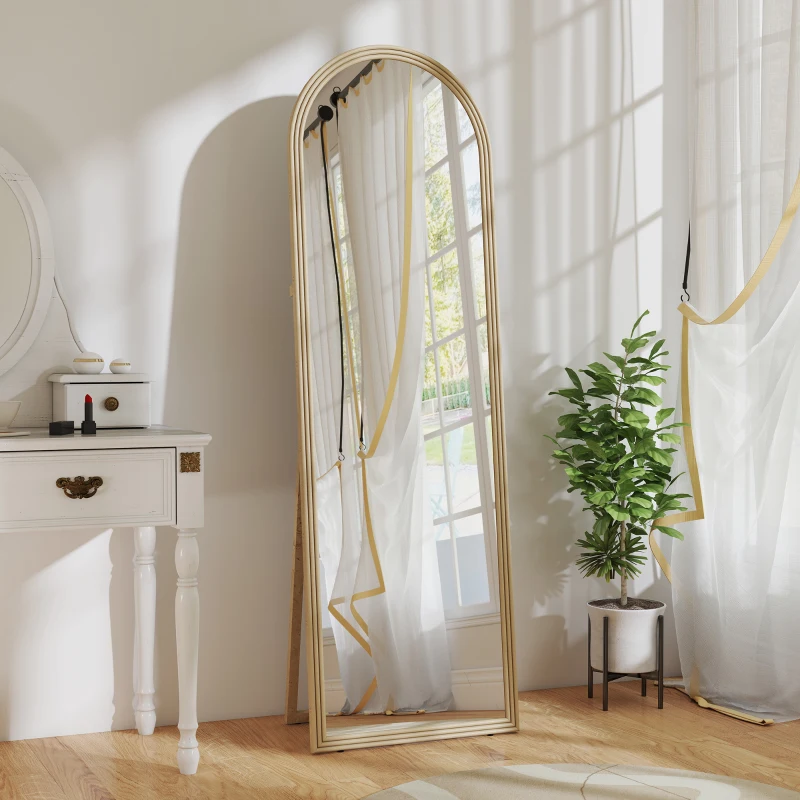 HOMCOM 64" x 21" Full Length Mirror, Free Standing, Leaning or Wall, Arched Full Body Mirror with Faux Stone Frame, Beige