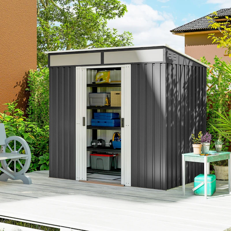 Outsunny 6.5x4FT Galvanised Metal Shed with Foundation Kit, Lockable Garden Tool Storage House with Sliding Doors, Vents, Grey