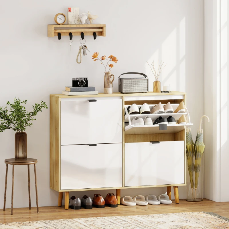 HOMCOM Narrow Shoe Cabinet, High Gloss Shoe Storage Cabinet with 4 Flip Drawers and Adjustable Shelves, Holds 20 Pairs, White