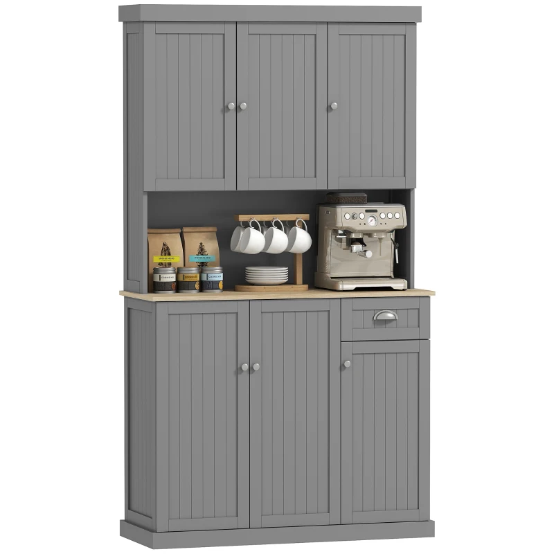 HOMCOM 71" Buffet with Hutch, Modern Farmhouse Kitchen Pantry Storage Cabinet with Microwave Oven Countertop, Drawer, and Cupboard, Gray