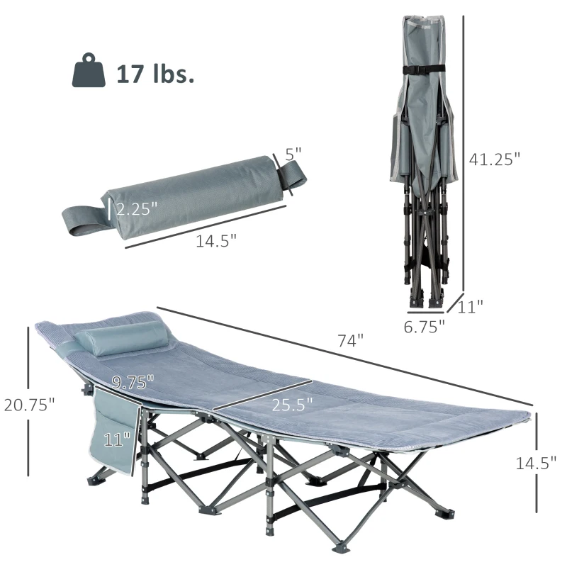 Outsunny Folding Camping Cot, Double Layer Heavy Duty Sleeping Cot with Carry Bag, Headrest, 2-Sided Reversible Mattress, Portable & Lightweight Cot Bed, Gray