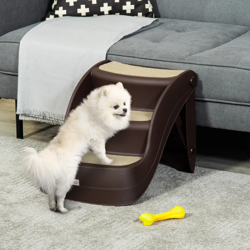 PawHut Portable Pet Stairs Foldable Steps for Small Dogs and Cats 3-Step with Non-slip Treads for Beds Sofas, Brown