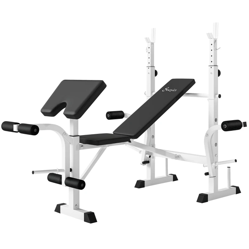 Soozier Bench Press Set Adjustable Weight Bench with Squat Rack, Preacher Curl Pad, Leg Developer and Weight Storage, White