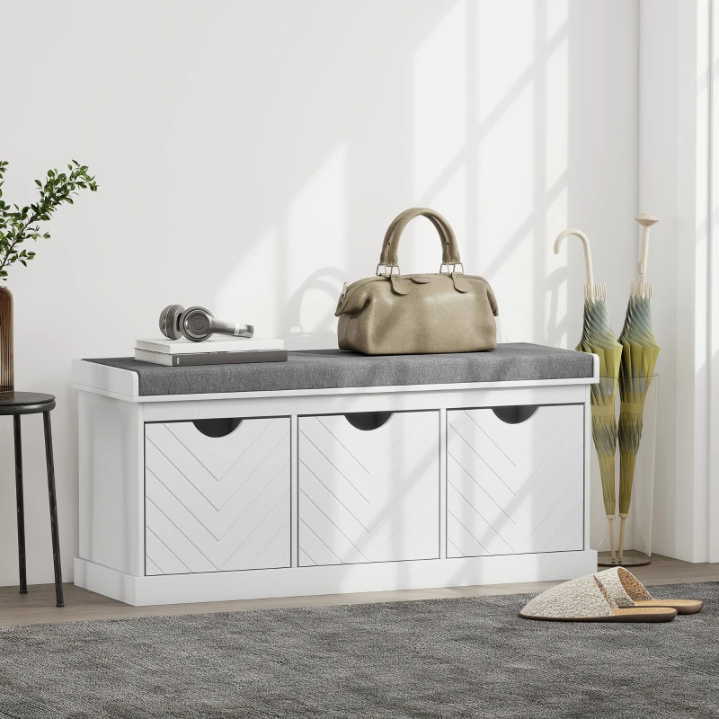 HOMCOM Shoe Storage Bench, Linen-Look Entryway Bench with 3 Removable Drawers and Padded Seat Cushion for Hallway, White