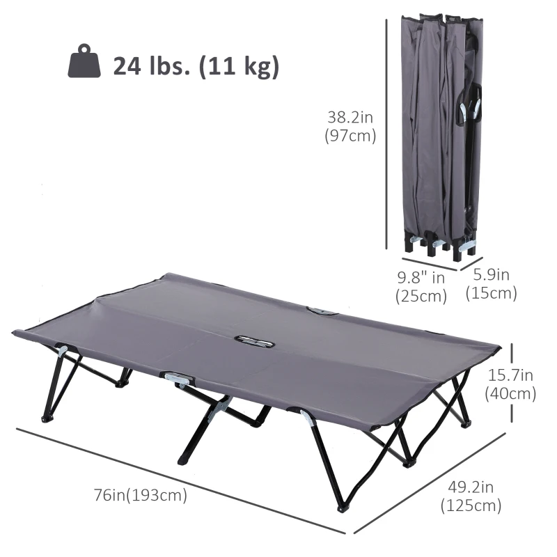 Outsunny 76" Two Person Folding Camping Cot Outdoor Portable Double Cot Wide Military Sleeping Bed w/ Carrying Bag Grey