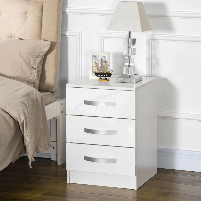 HOMCOM Modern Nightstand Set of 2, Bedside Tables with 3 High Gloss Drawers for Bedroom, White
