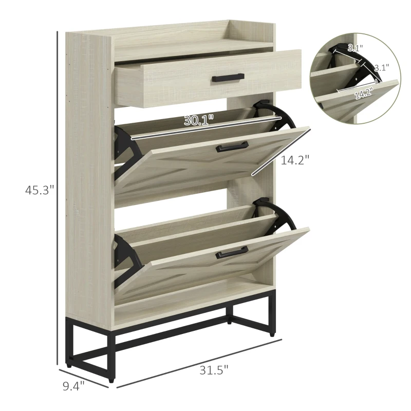 HOMCOM Slim Shoe Storage Cabinet, Shoes Cabinet Organizer with 2 Flip Drawers, Adjustable Shelves for 12 Pair, Distressed White