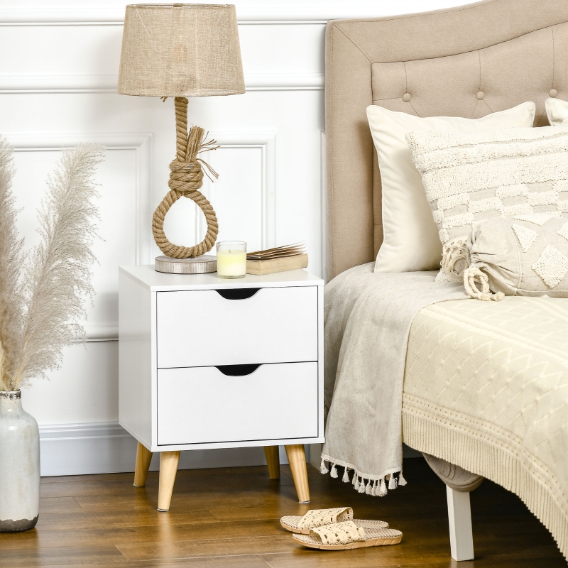 HOMCOM Modern Bedside Table, Nightstand with 2 Drawers and Pine Wood Legs for Bedroom, Living Room, White