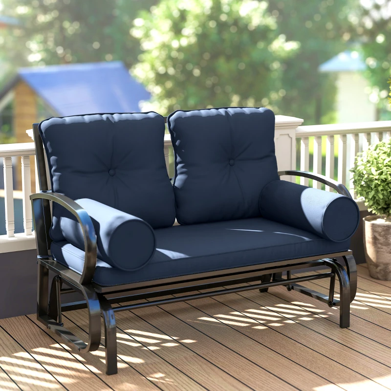Outsunny Swing Glider Rocking Chair, Double Patio Bench, 2 Person Loveseat with Steel Frame, Cushions, Pillow Armrests, Blue