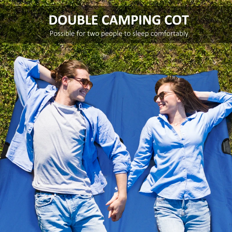 Outsunny 76" Two Person Folding Camping Cot Outdoor Portable Double Cot Wide Military Sleeping Bed w/ Carrying Bag Blue
