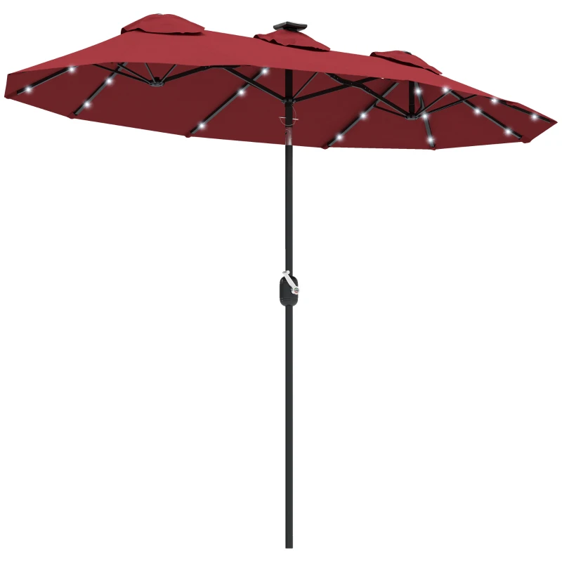 Outsunny Double-sided Patio Umbrella, 9.7' Outdoor Umbrella with Tilt and Crank, LED Solar Light and 12 Ribs, Wine Red