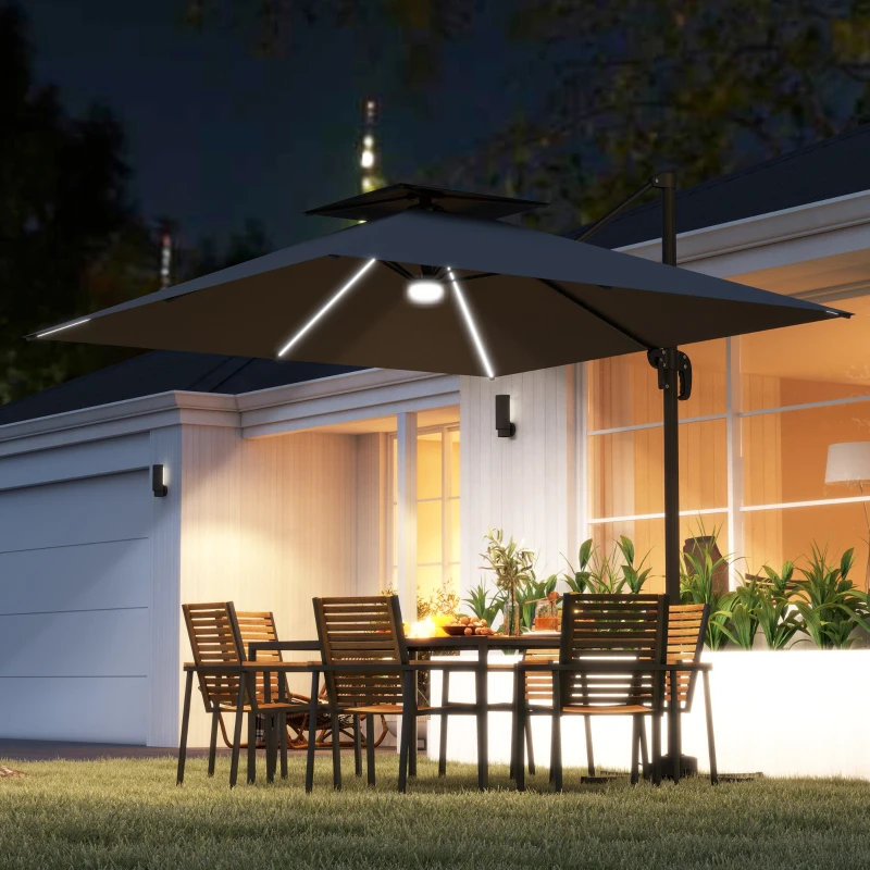 Outsunny 8' Cantilever Patio Umbrella with LED Lights, 360°Rotation, Tilt & Height Adjustment, Crank, Cross Base, Dark Grey