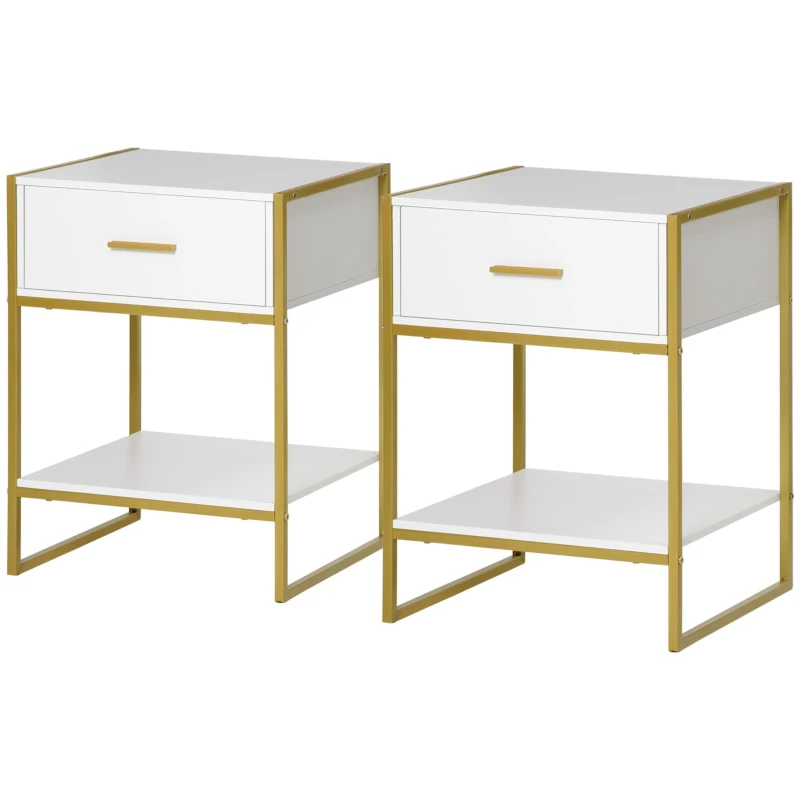 HOMCOM Nightstand Set of 2, Modern Bedside Table with Drawer and Shelf, Bedside Cabinets for Bedroom, White