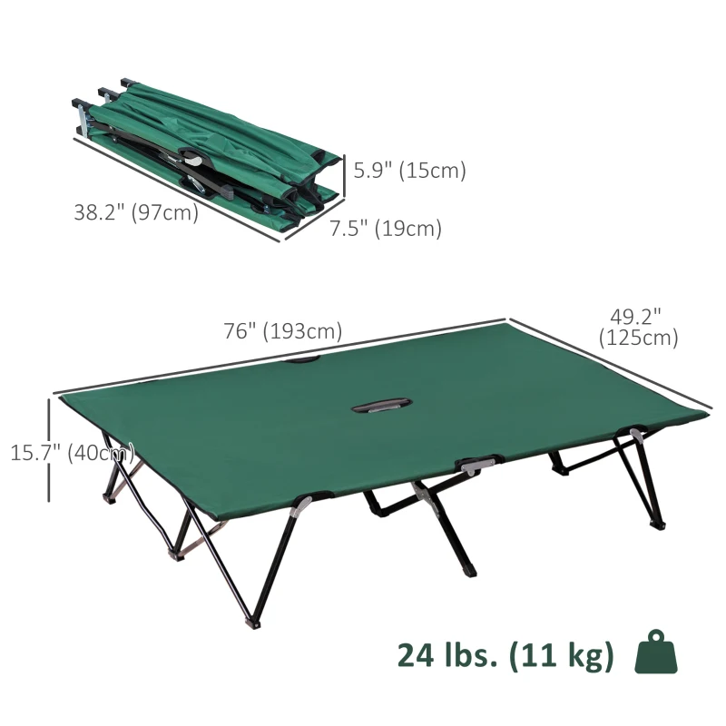 Outsunny 76" Two Person Folding Camping Cot Outdoor Portable Double Cot Wide Military Sleeping Bed w/ Carrying Bag Green