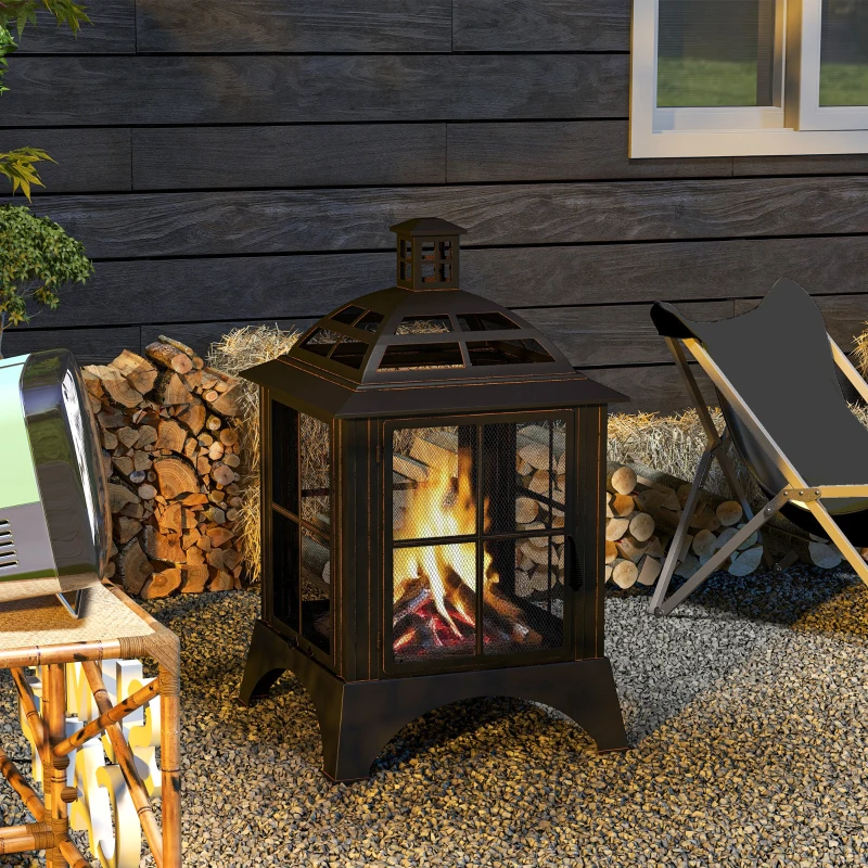 Outsunny Wood-Burning Fire Pit, Chimney Style Firepit with Poker, 28" x 28", Black