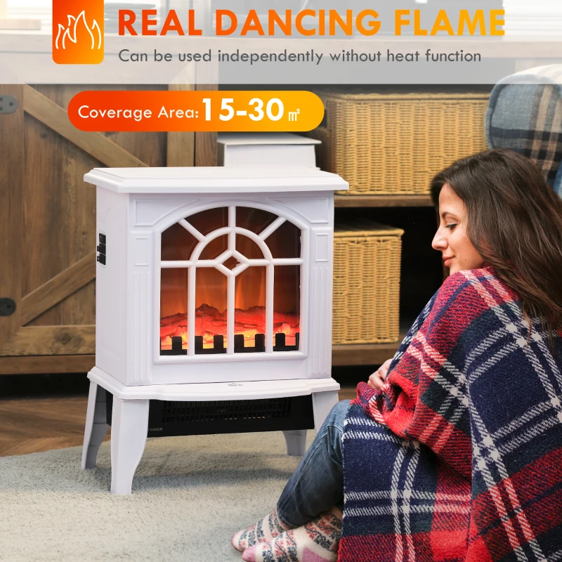 HOMCOM Electric Fireplace Heater, Freestanding Fireplace Stove with Realistic Flame and Overheat Protection, 750W/1500W, White