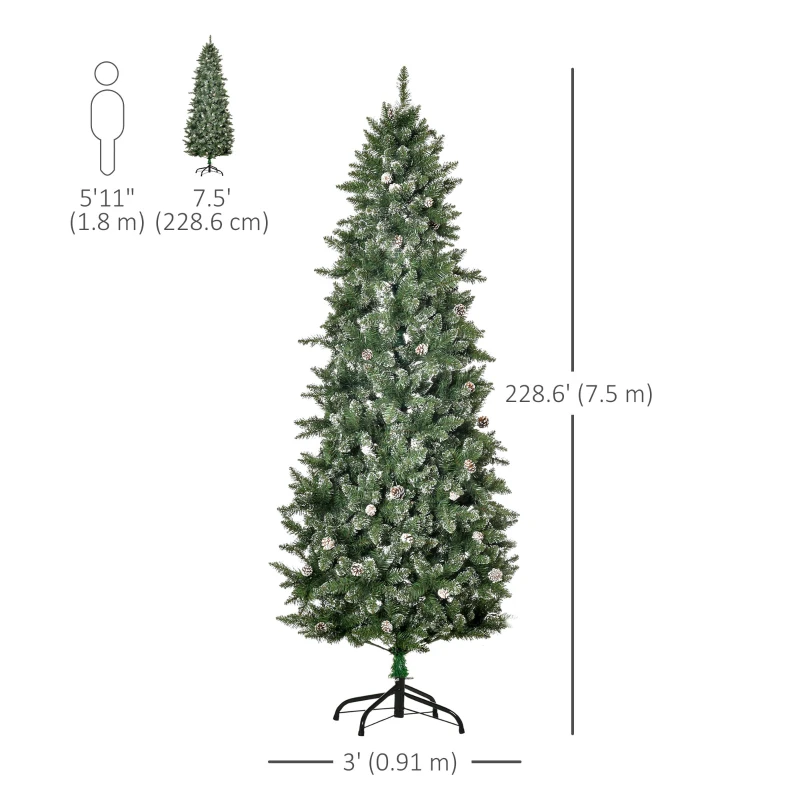 HOMCOM 7.5ft Artificial Christmas Tree, Flocked Christmas Tree with Pine Cones, 1119 Branch Tips and Metal Base, Green