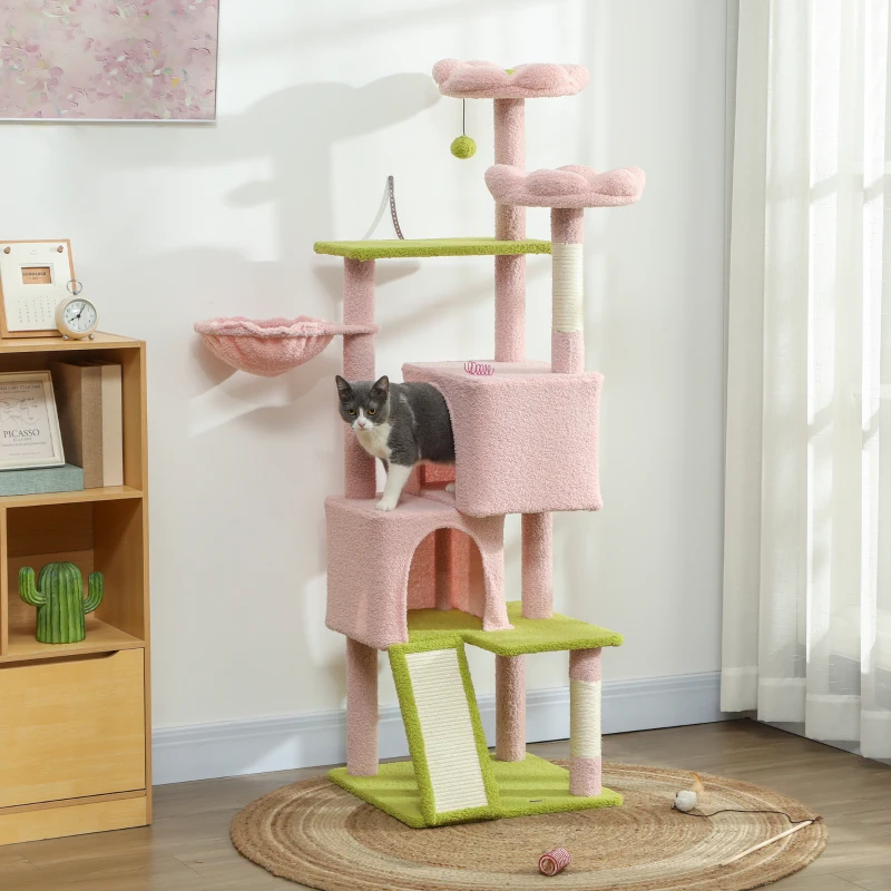 PawHut Flower Cat Tree with Sisal Scratching Posts, Multi-Level Cat Tower, Pink