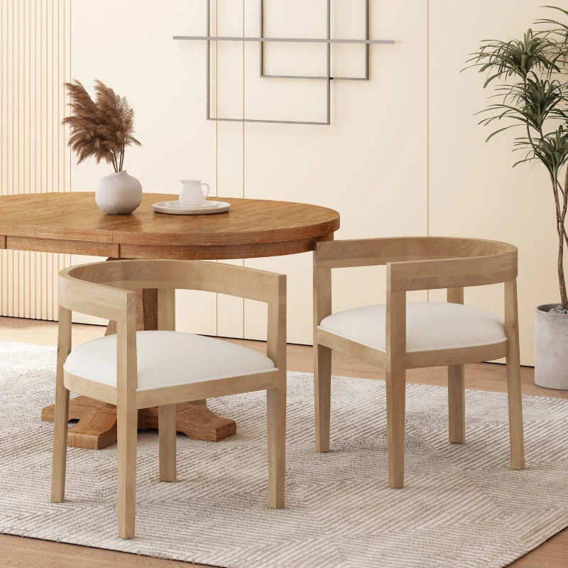 Set of 2 Contemporary Dining Arm Chairs with Rubberwood Frame, Chair Set Perfect for Dining Room, 22.5'' L x 22.5'' W x 27.5'' H, Beige