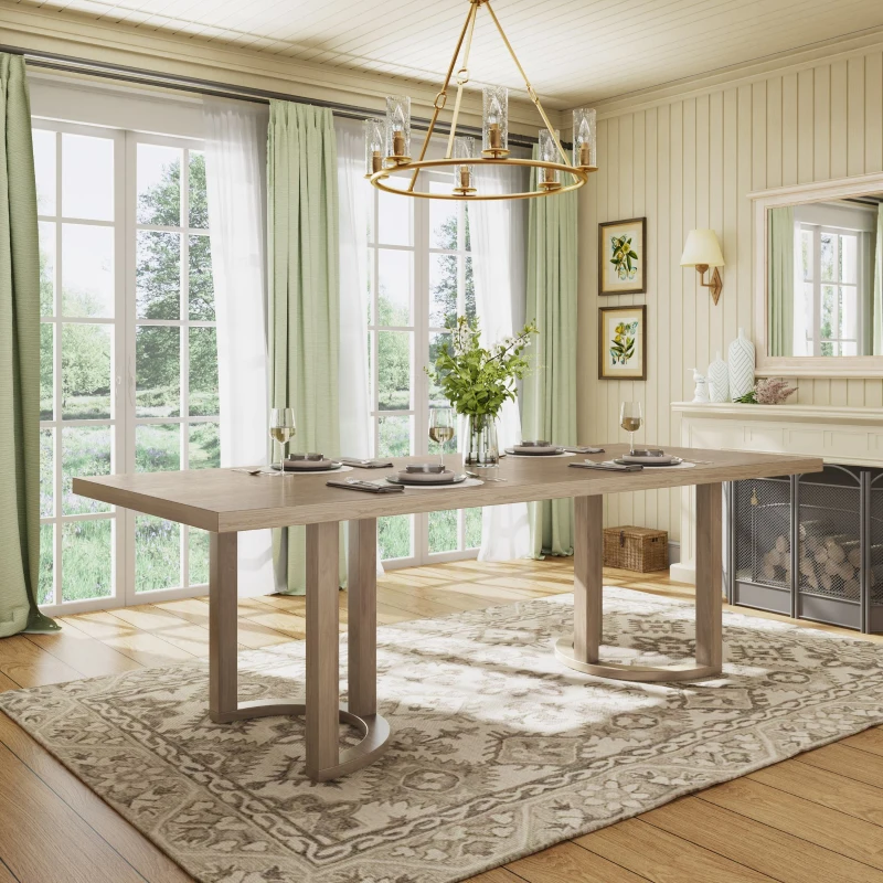 95" Modern Dining Table with U-Shaped Trestle Base, Seats 8 Comfortably, Dining Desk Perfect for Gatherings, 95" L x 39" W x 30" H, Natural Ash