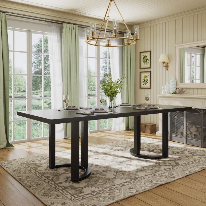 Modern Dining Table with Rectangular Surface and U-Shaped Trestle Base, Family Table Seats Up to 8 People, 95" L x 39" W x 30" H, Black