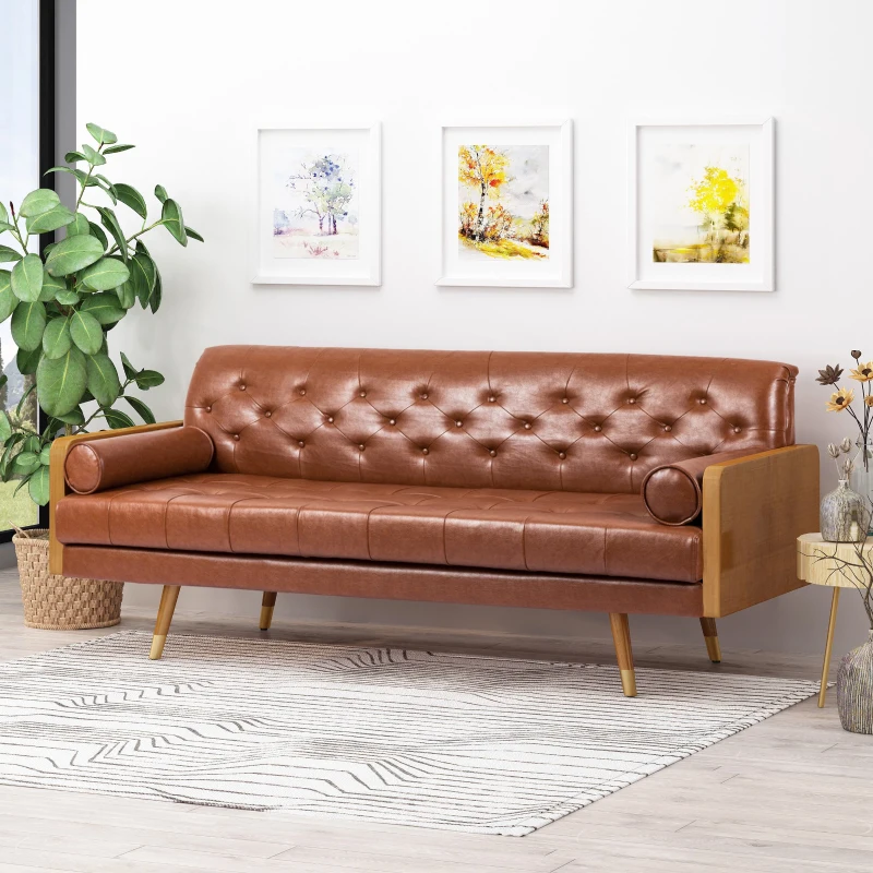Adelaide Mid-Century Tufted Sofa with Rolled Accent Pillows, Daybed with Gold Tipped Rubberwood Legs, 72'' L x 30.5'' W x 32'' H, Light Brown