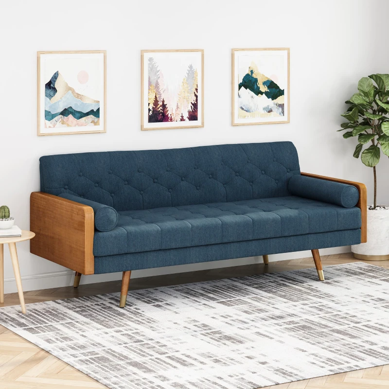 Mid-Century Modern Tufted Fabric Sofa with Rolled Accent Pillows, Daybed with Gold Tipped Rubberwood Legs, 72'' L x 30.5'' W x 32'' H, Navy Blue
