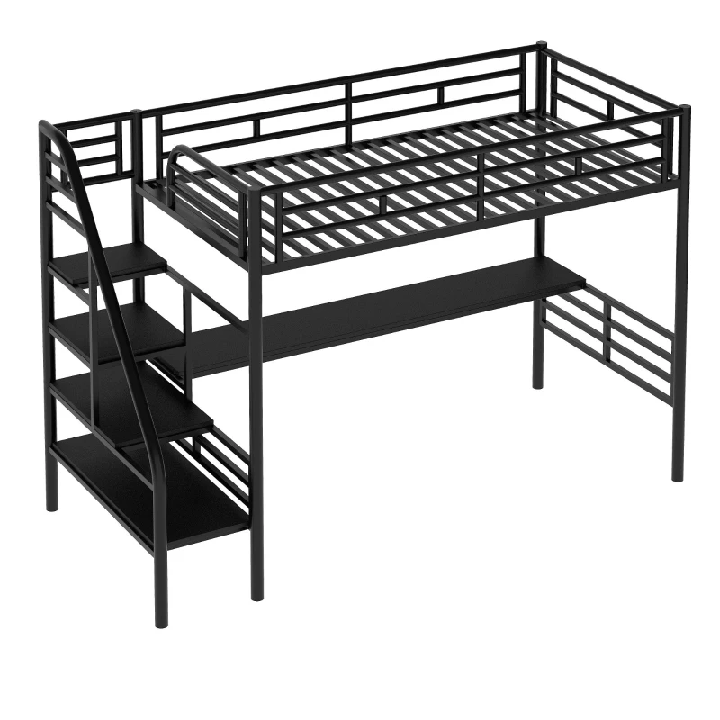 Metal Loft Bed Frame with Desk and LED Light, Sturdy Metal Frame, High-Sleeper Bed for Guest Rooms, 94.5" L x 41.5" W x 72" H, Black