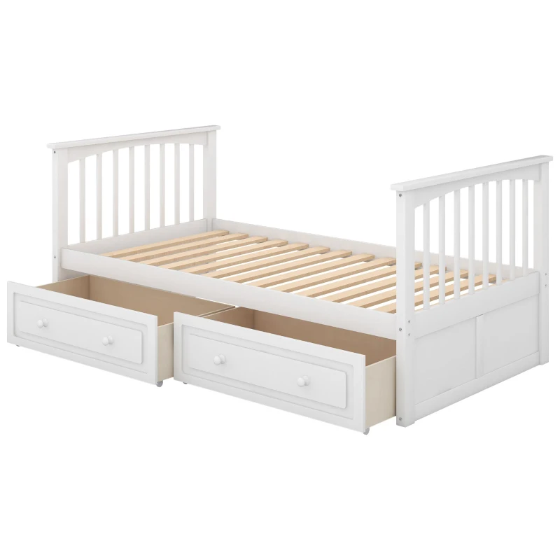 Twin Over Twin Bunk Bed with Drawers, Solid Pine Wood and MDF, Double-Decker Bed for Living Rooms, 79.5" L x 43.5" W x 64" H, White