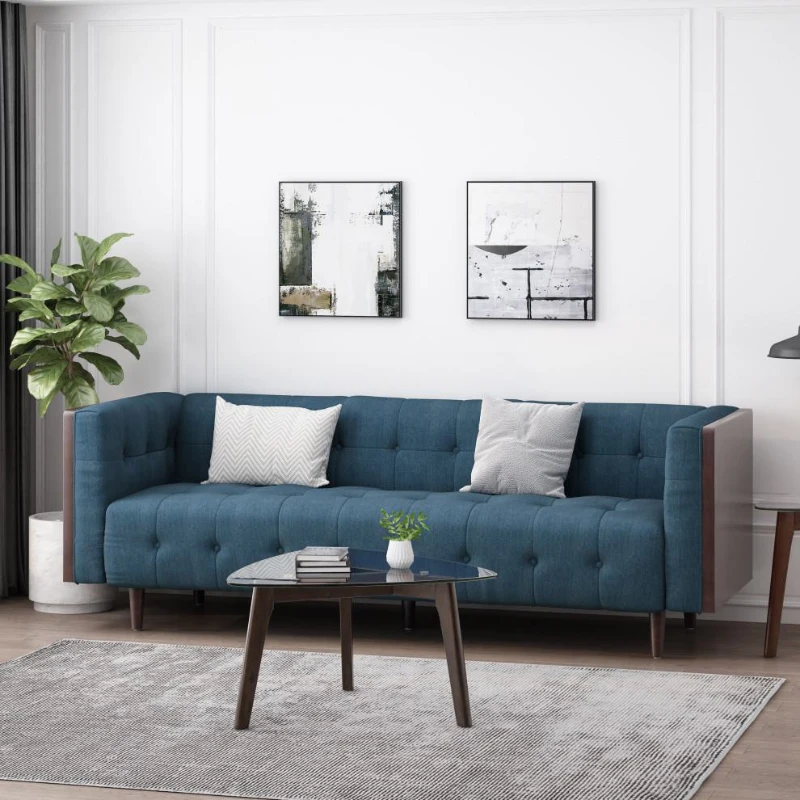 3-Seater Contemporary Sofa with Button Tufted Waffle Stitching, Daybed Perfect for Living Room, 89.5'' L x 31.5'' W x 30'' H, Navy Blue