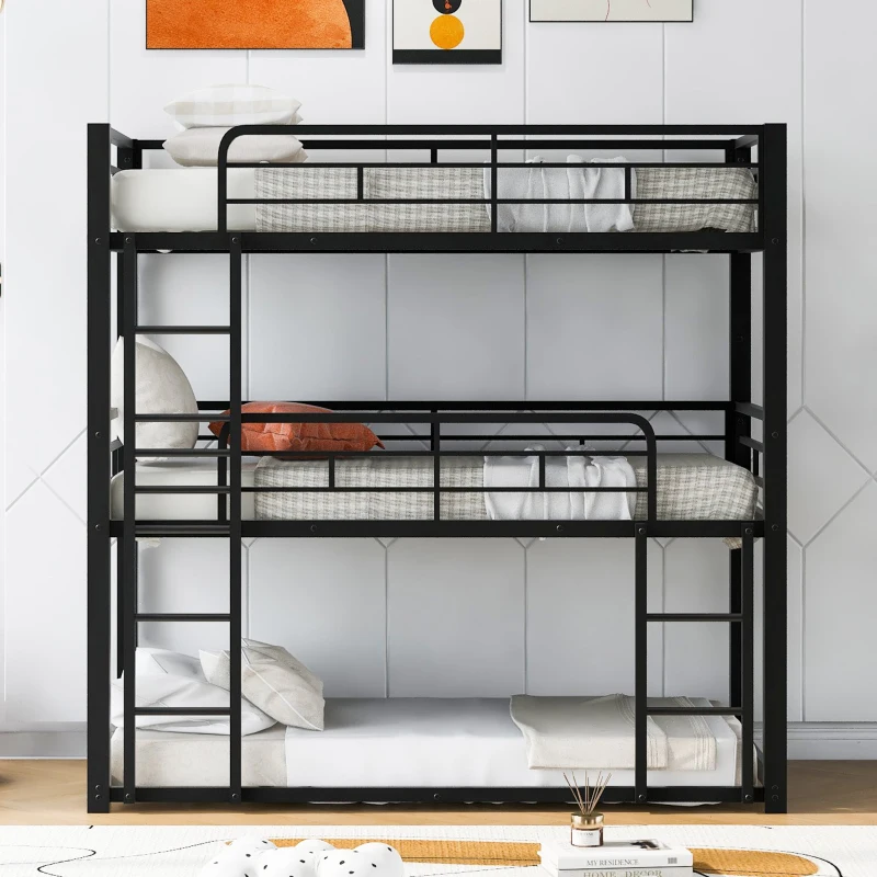 Metal Twin Size Triple Bunk Bed with Guard Rails and Easy Assembly, Double-Decker Bed for Compact Rooms, 78.5" L x 42" W x 78" H, Black
