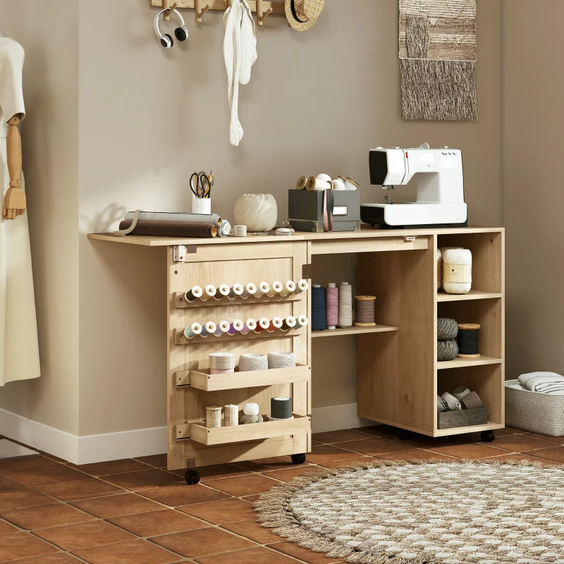 HOMCOM Sewing Machine Table with Drop Leaf, Folding Craft Table Rattan Door and Storage Shelves for Small Spaces, Natural