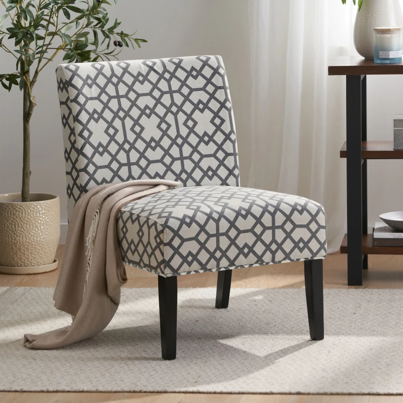 Contemporary Accent Chair with Rubberwood Tapered Legs, Upholstered Seating for Dining Room, 22.5'' L x 29.5'' W x 32'' H, Grey+Ivory